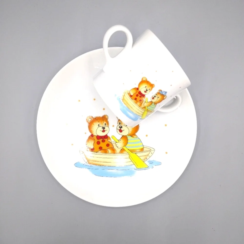 Fine China Child's Dinner Set Toddler Child Teddy Bear Rowboat Plate Cup Vtg